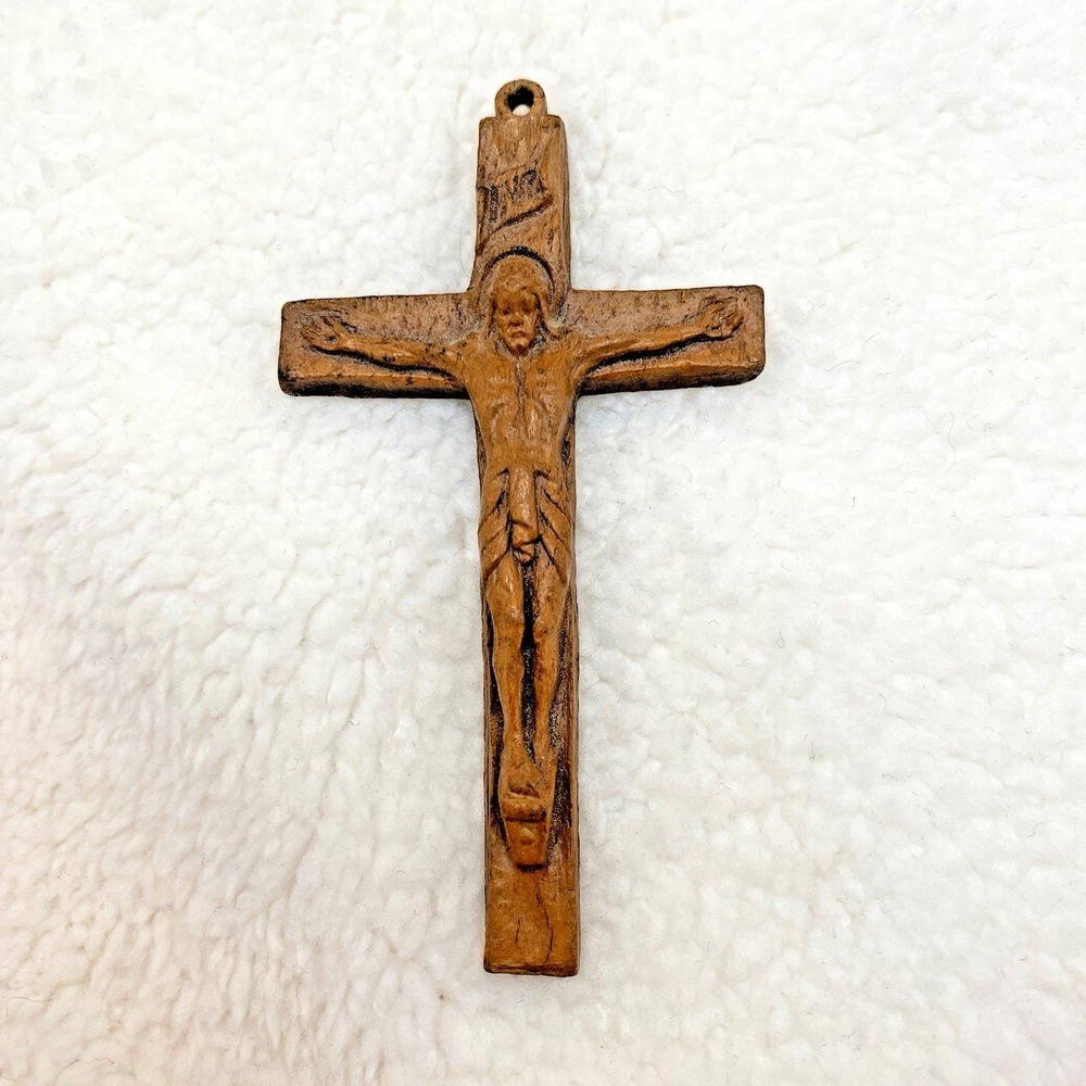 Vintage Carved Wood Crucifix Jesus Cross Catholic Christian Pendant